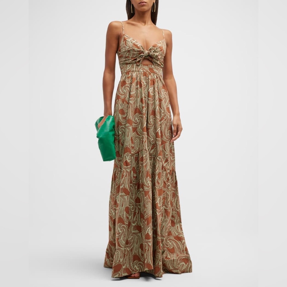NWOT ALC Laura Dress Printed Front Tie Maxi Dress in Cognac Green Ash
